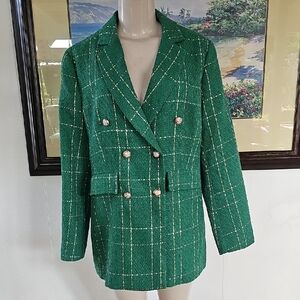 Green Plaid Double-Breasted Women's Blazer With Gold Accent Size XL